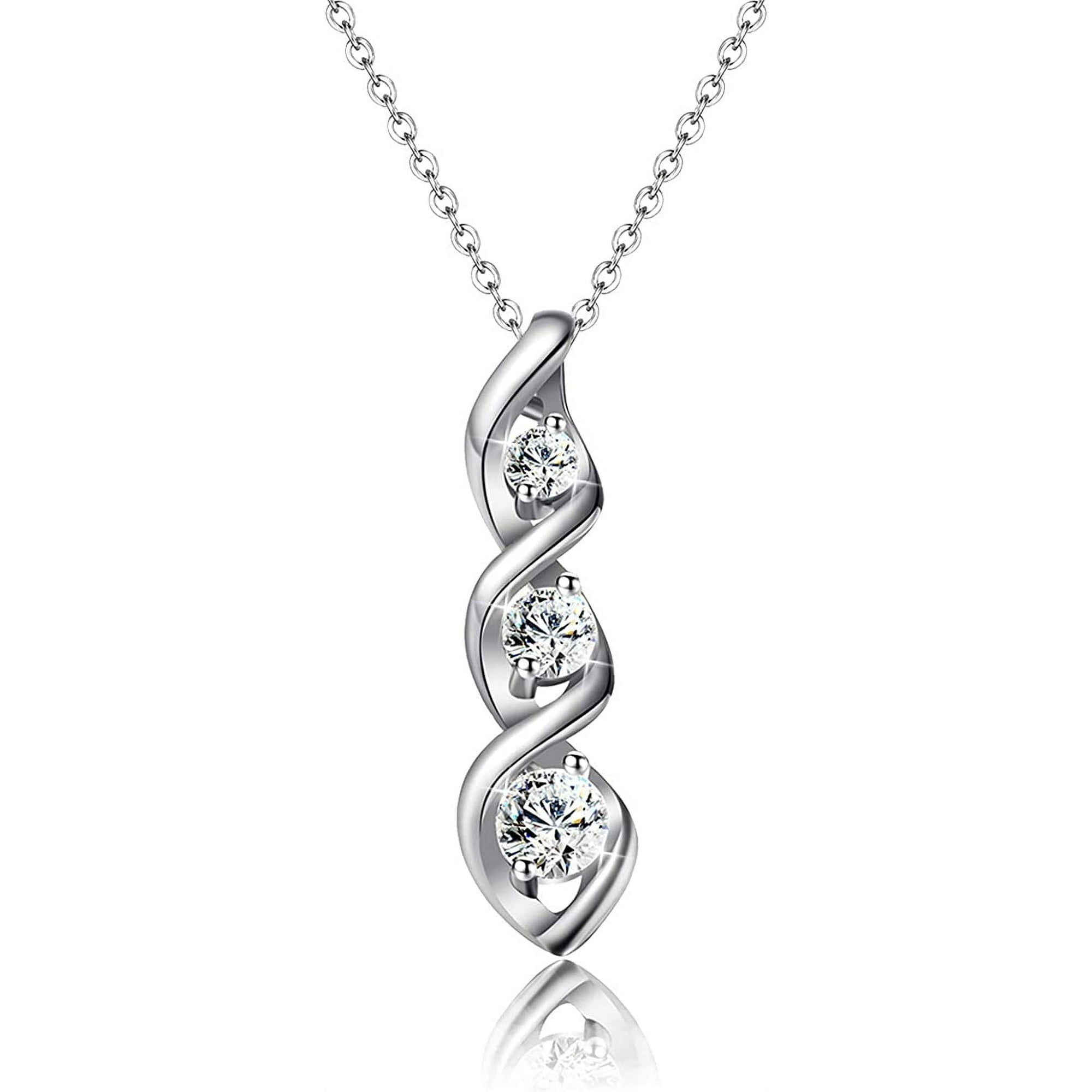 APSVO S925 Sterling Silver Plated Cubic Zirconia Necklace for Women Dainty Simple 3 Stones Twisted Women Necklaces Pendant Chain Bridesmaid Graduation Mothers Day Jewelry Gifts Mom
