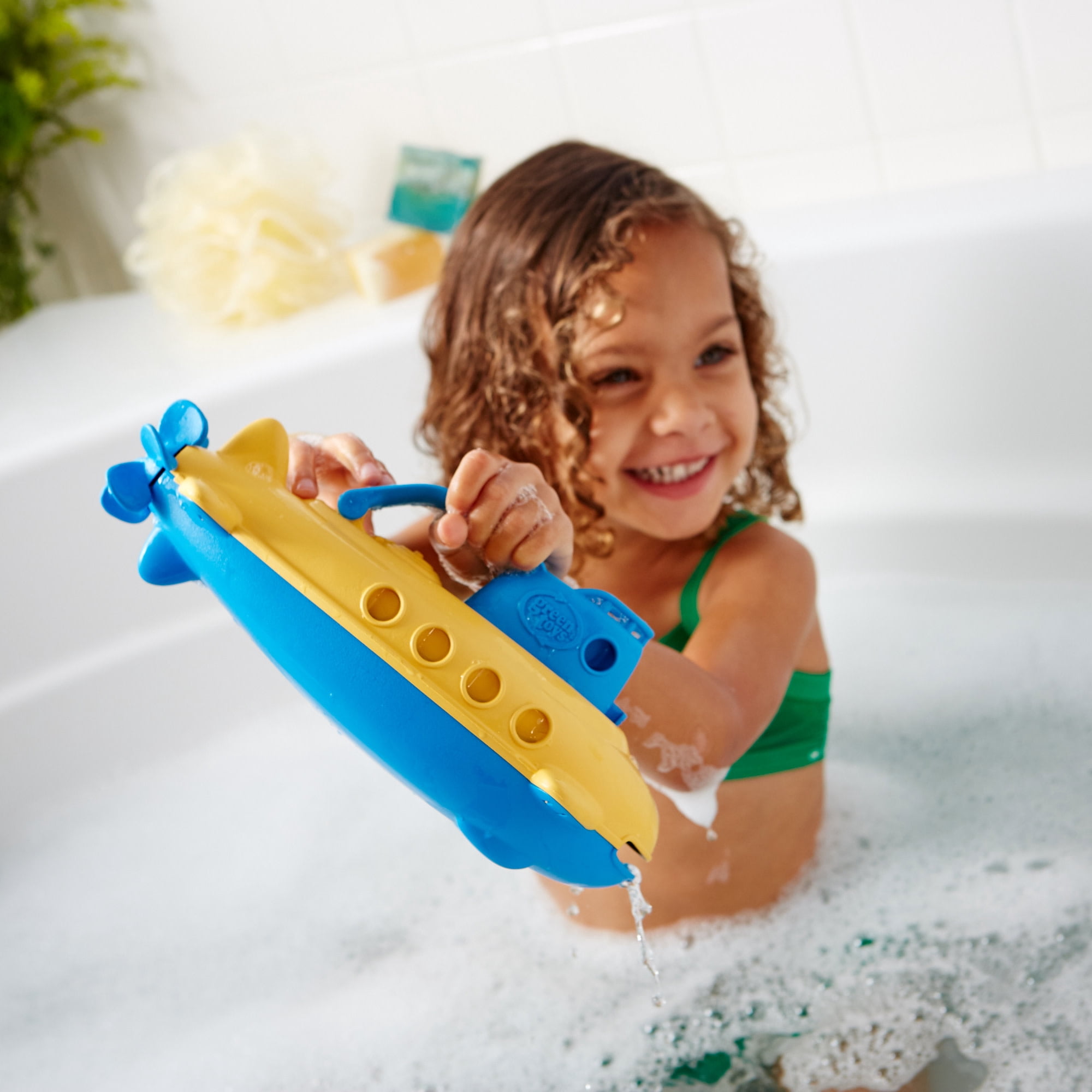 Green Toys: My First Submarine - Blue & Yellow - Floating Watercraft Bathtime Toy, Scoop & Pour Water Play, Recycled Plastic, Kids-Toddlers-Baby 6mo+