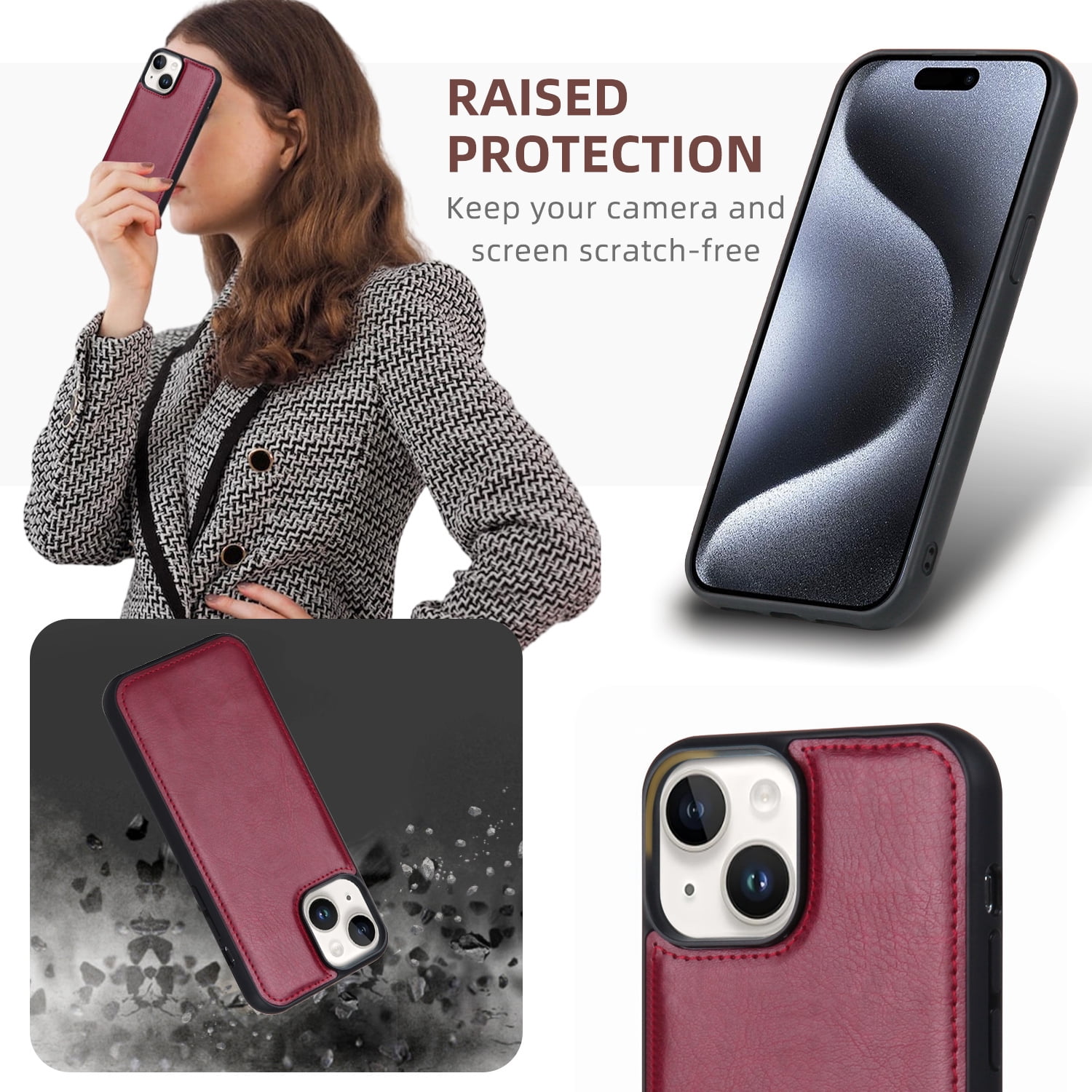 2 In 1 Wallet Phone Case for Apple iPhone 13, Detachable Magnetic Back Cover with Cards Holder Zipper Pocket Hand Wrist RFID Blocking Snap Closure Shockproof Case for iPhone 13, Red