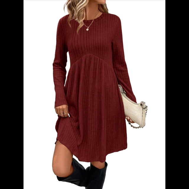 Vestido de Larga para Mujer, Cuello Redondo, Cintura Alta, Túnica con Bolsillos Vino Tinto L