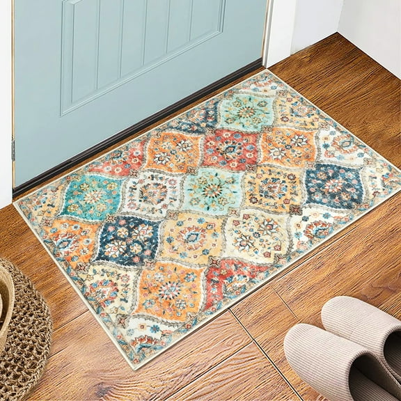 Area Rugs,Washable Non-Slip Mat,Floral Vintage Distress Print Pattern Carpet,Traditional Floor Cover Rug for Bedroom Dining Room