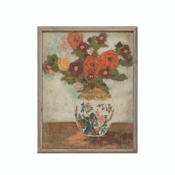 Creative Co-Op Wood Framed Wall Décor with Flowers in Vase Portrait, Multi-color