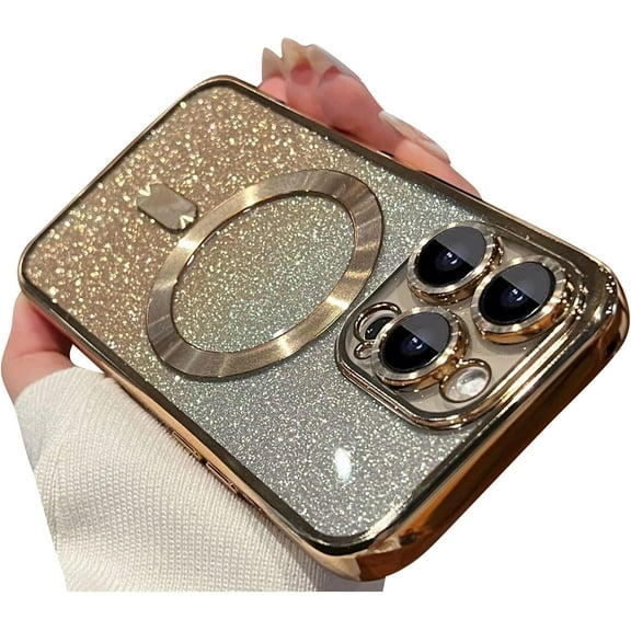Magnetic Series Designed for iPhone Case,[Compatible with MagSafe][Military Drop&Camera Protection] Gradient Glitter ElectroPlated Bumper Bling Clear Shockproof Cover (Gold,iPhone 15)