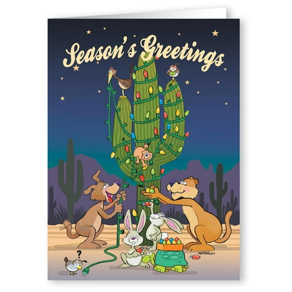 Desert Critters & Cactus Tree Holiday Christmas Card - Western Christmas Cards -