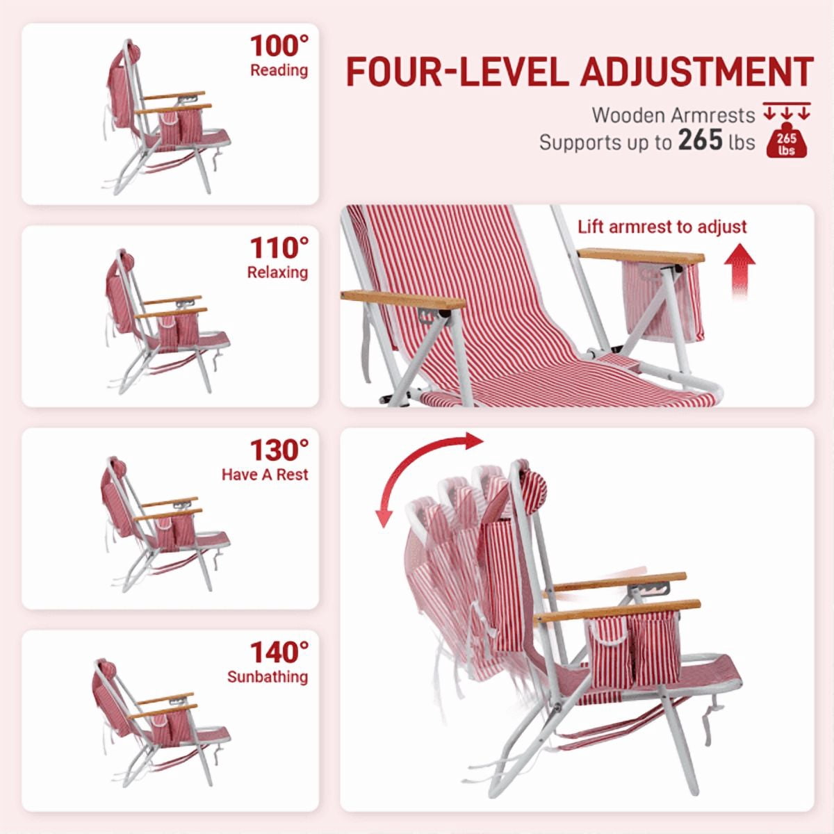 Alvantor 4-Position Backpack Beach Chair with Aluminum Frame, Wooden Armrests, Pillow and Pockets, Red Stripe