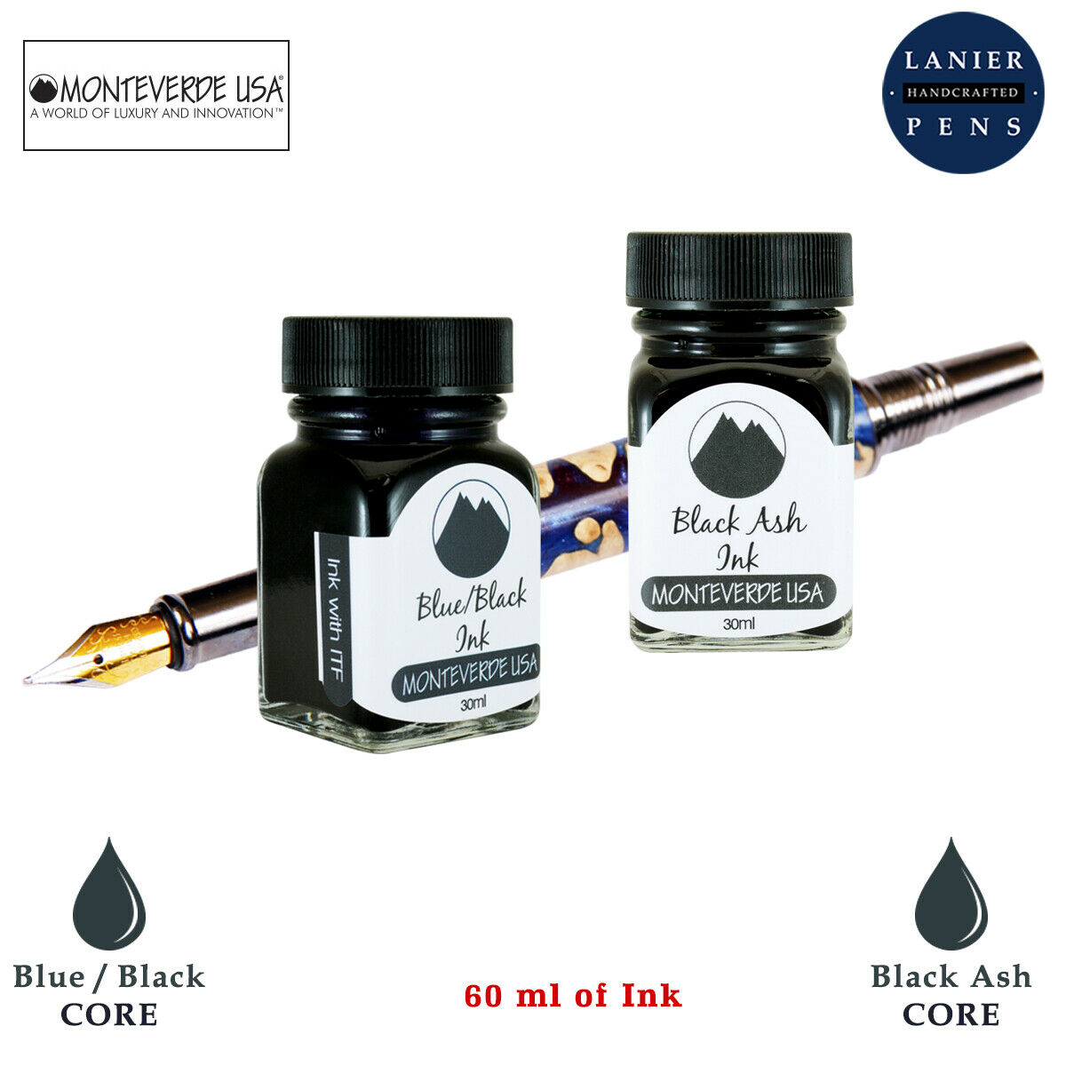 Monteverde 60ml Core Fountain Pen Ink Bottle (30ml Blue/Black Ink Bottle G309BB, 30ml Black Ash Ink Bottle G309BA)