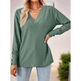 thumbnail image 5 of 3/4 Length Sleeve Womens Tops Summer Trendy Puff-Sleeve V-Neck Blouses Casual Textured Smocked T-Shirt Green XL, 5 of 6