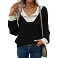 thumbnail image 3 of Shine Up Patchwork Sweatshirts for Women V Neck Long Sleeve Shirts Casual Pullover Tops, 3 of 8