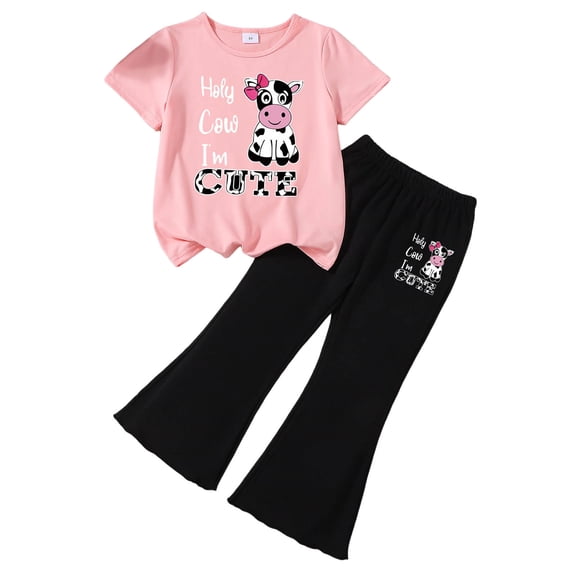 Wxirdiow Summer Outfits for Toddler Girls Kid Toddler Girl Clothes Outfits Short Sleeve Top Flared Leg Pants Summer Clothing Set N Size,6-7 Years