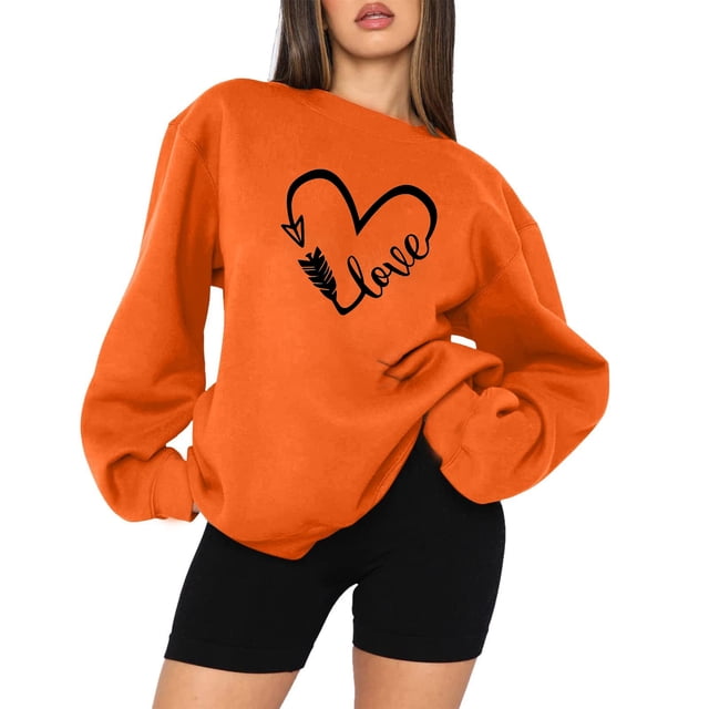 Qertyioot Chandail Cœur d'Amour Saint-Valentin, Femmes Décontracté Manches Longues Col Rond Hauts Blouse Ample Imprimé Graphique Chandail