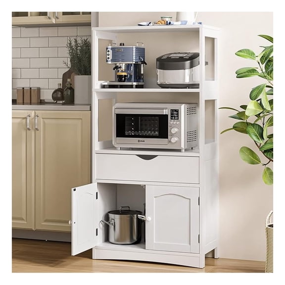 Kitchen Pantry Storage Cabinets with Shelves,Drawer and Doors,Microwave Cart with Storage,Freestanding Floor Sideboard Cabinet with Microwave Space,Bookshelf,Display Unit for Home,White