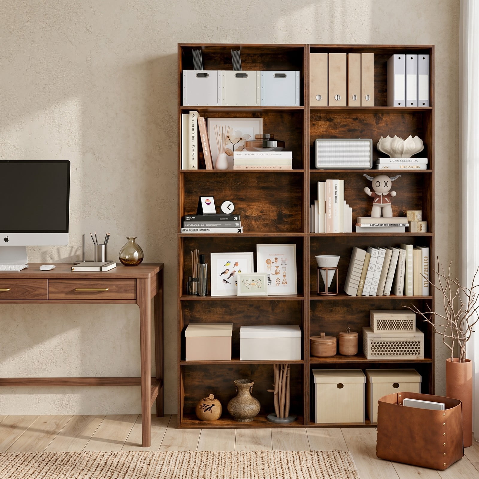 Furnibear 6-Tier Tall Bookcase with 6 Open Shelves, Freestanding Wood Bookshelf Storage Organizer with Anti-Toppling Kits for Living Room Study Home, Rustic Brown
