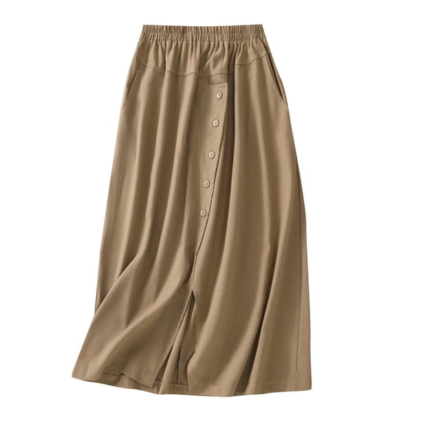Gibobby faldas largas de mujer elegantes Falda de línea A con cintura elástica de longitud media a la moda informal de verano para mujer(Caqui, L)