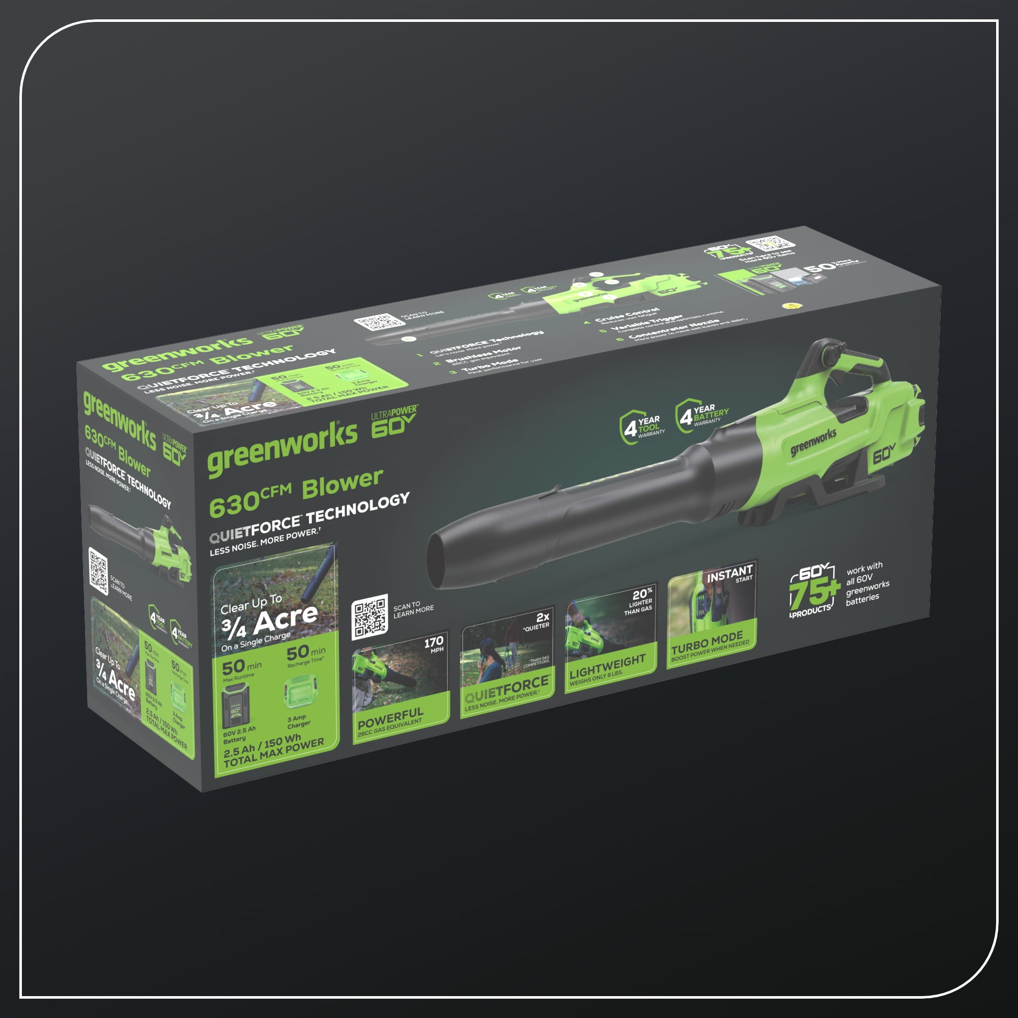 Greenworks 60V 630 CFM 170 MPH Leaf Blower with 2.5 Ah Battery & 3 Amp Charger 2429902