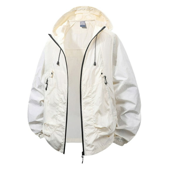 MIXUE Mens Coats And Jackets Autumn Winter Solid Color Hooded Long Sleeve Zip Up Loose Casual Coat Outwear,White,M