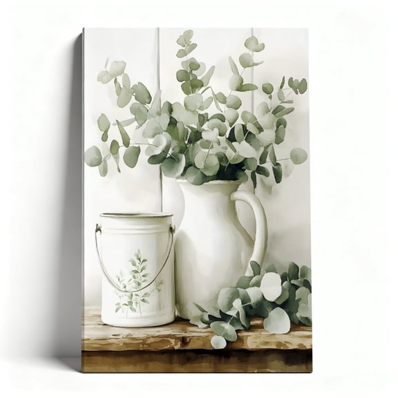 Eucalyptus In White Pitcher Canvas Wall Art, Minimalist Greenery Botanical Decor, Farmhouse Style Watercolor Artwork For Bathroom, Kitchen, Bedroom, Ready To Hang 8*12inch(20*30cm)