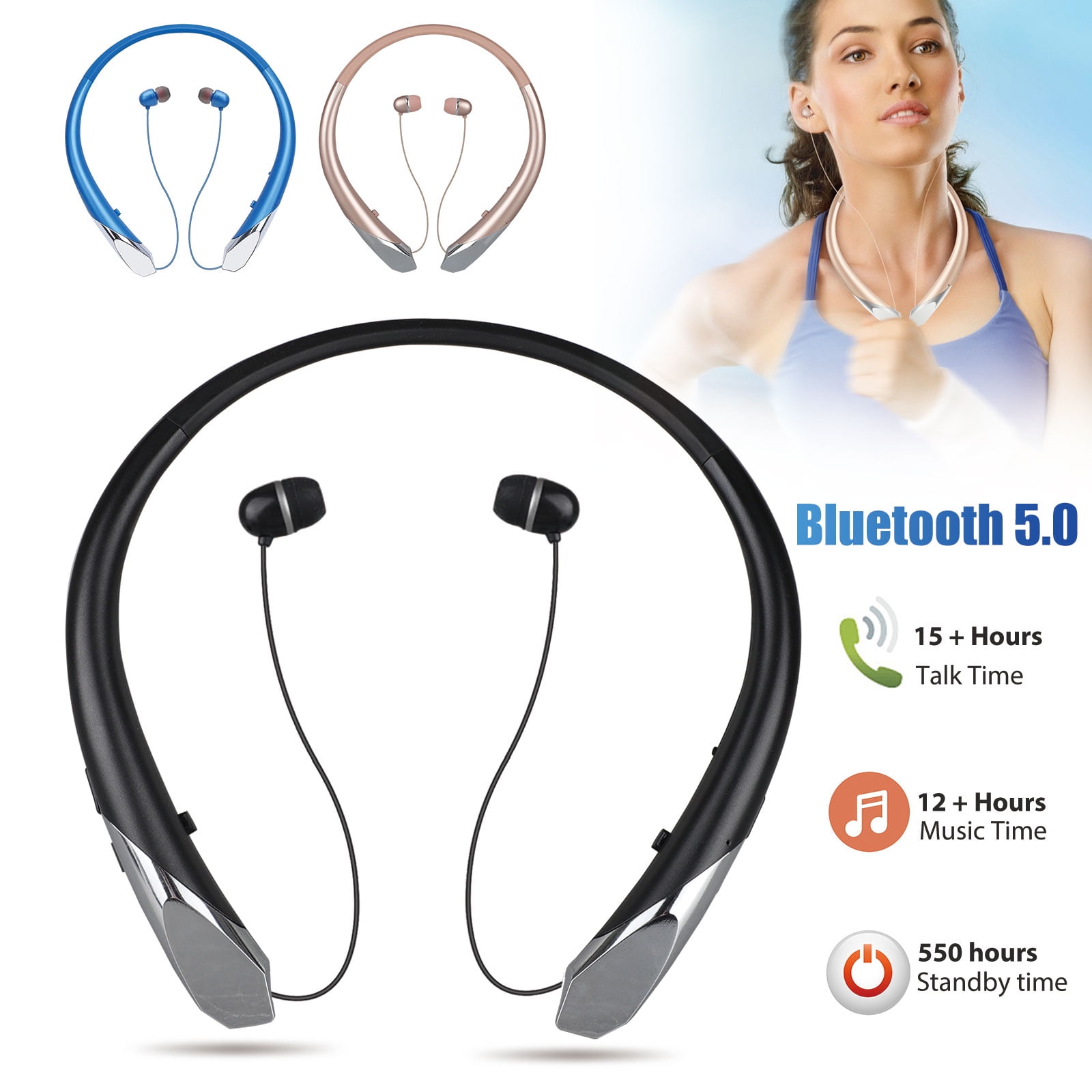 Bluetooth 5.0 Neckband Headphones, Stereo Shocking Bass, Noise Reduction Wireless Bluetooth Headset with HD Mic Auto Retractable Earbuds 12 Hrs Playtime Sports Earphones for Gym Running Traving, Gift
