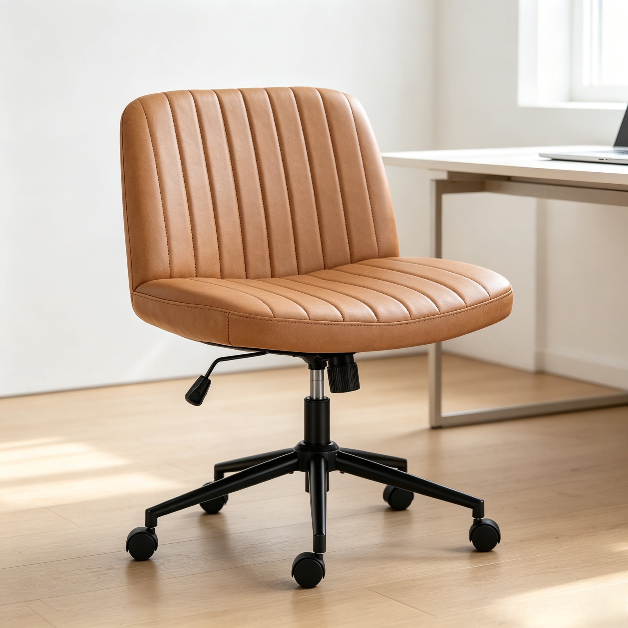 Office Desk and Vanity Chair, Armless Cross-Legged Swivel Task Chair with Wide Fabric Seat, Height Adjustment, and Replaceable Wheels or Fixed Base