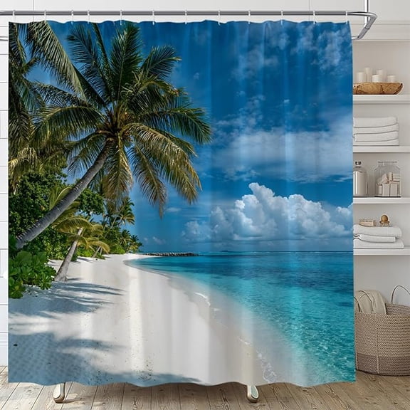 Beach Shower Curtain Tropical Ocean Seaside Coastal Seashore Seascape Island Scene Natural Landscape Bath Curtain Fabric Bathroom Decor Set With Hooks 36"W x 72"L