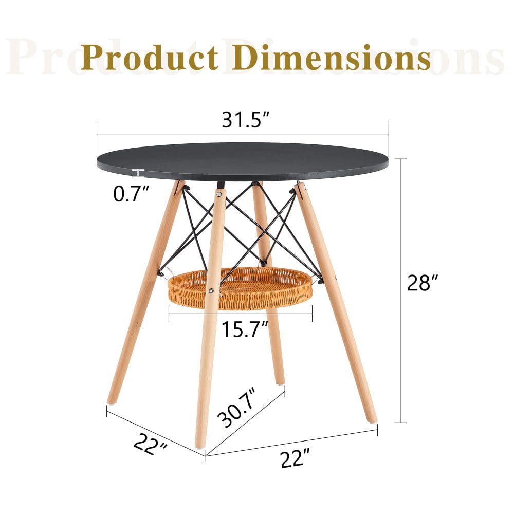 31.5" Round Dining Table, Black MDF Vacuum-Formed Tabletop with Solid Wood Legs, Woven Storage Basket, Modern Kitchen Table for 2-4