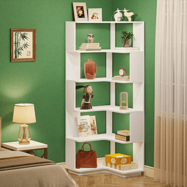 L-Shaped Corner Bookshelf, 6-Tier Anti-Falling Baffle Design, Modern Storage for Living Room, Bedroom, Office