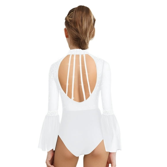Ocealan Combinaison de Danse Gymnastique pour Filles, Justaucorps de Patinage, Justaucorps, Manches Évasées, Dos Nu, Strass, Blanc 16
