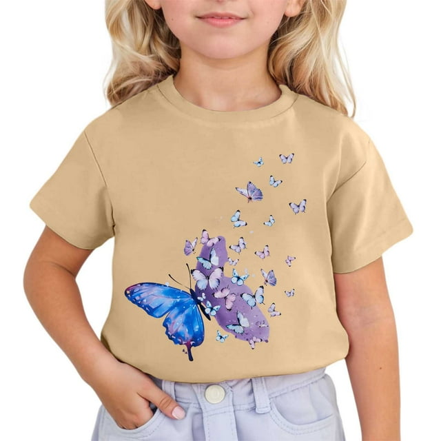 Hauts d'Été Enfants Filles Été Mignons Imprimés de Papillons Manches Courtes Col Rond T-Shirt Tout-Petit Décontracté Respirant Hauts Blouse Enfant Kaki 5 Ans-6 Ans