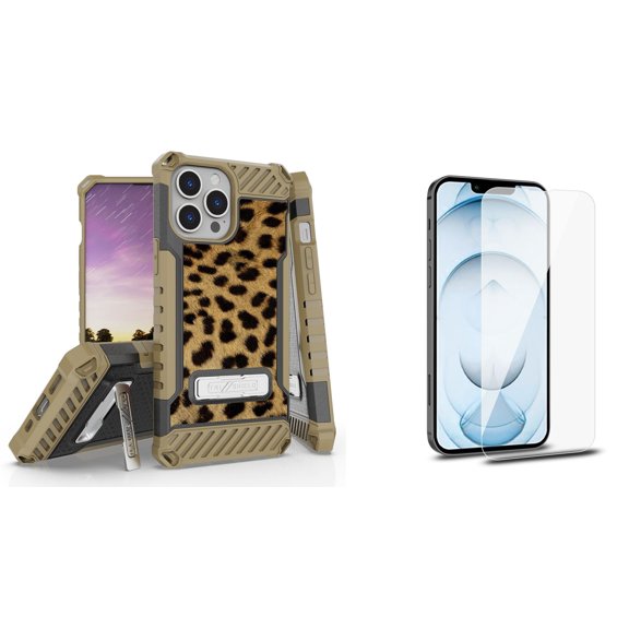 Bemz iPhone 13 Pro Max Bundle: Tri Shield Shockproof Armor Rugged Case (Cheetah), Premium Glass Screen Protectors (2-Pack)