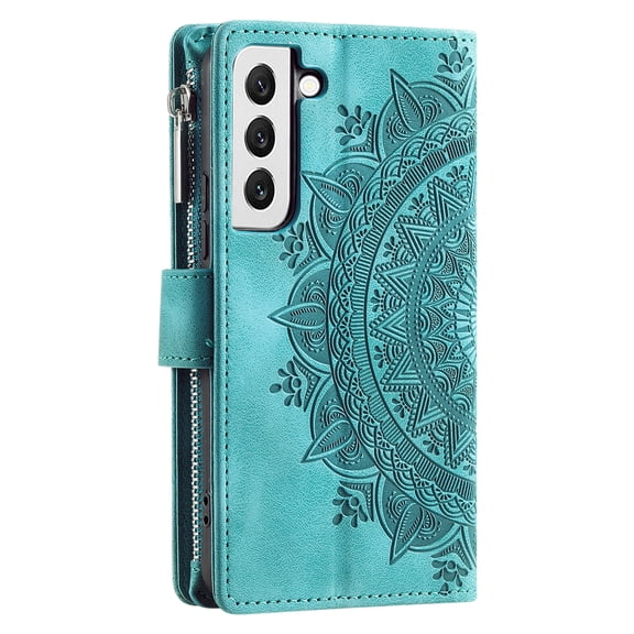 ShellTech Samsung Galaxy S21 Wallet Case Mandala Floral Embossed PU Leather Folio featuring Zipper Magnetic Closure,Green