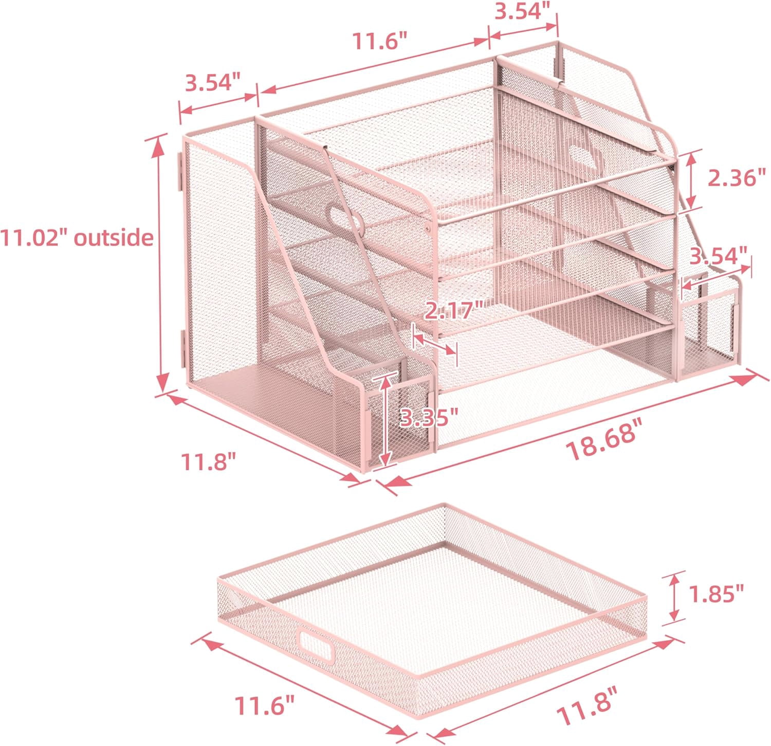 INTIGE 5-Tier Metal Mesh Desk Document Organizer with File Holder, Pen Holder and Drawer, Pink