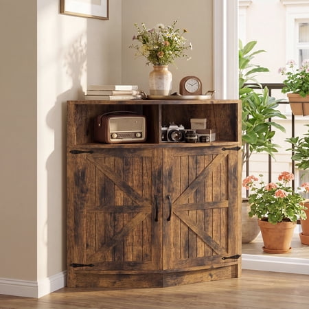 Jableast 33" Tall Farmhouse Corner Cabinet with Barn Door Design, Wooden Storage Cabinet with Open Display Shelf, Bathroom Cabinet with Hidden Storage for Living Room, Kitchen, Bathroom, Rustic Brown