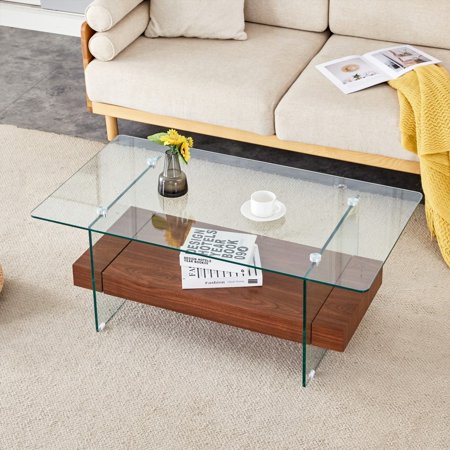Sturdy 43.3-inch Double-Layer Coffee Table - 250 lbs Weight-Bearing, Tempered Glass & Walnut