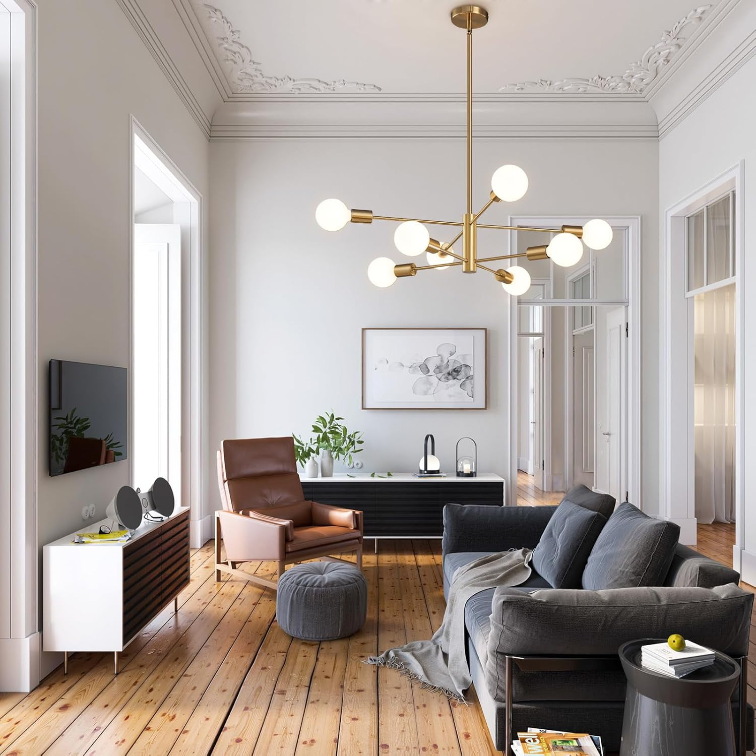 Senhu Modern Sputnik Chandeliers Light, 8-Light Gold Dining Room Chandelier Over Table, Mid Century Ceiling Light Fixtures Height Adjustable Hanging Pendant Lighting for Entryway Foyer
