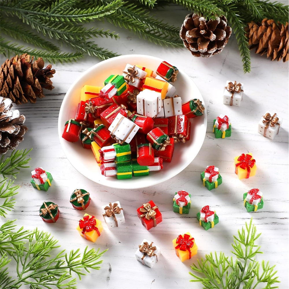 NOGIS 50 Pcs Christmas Miniature Resin Gift Boxes Multicolor Mini Christmas Ornaments Xmas Miniature Figurines Charms for Craft DIY Garden Accessories (Style A)