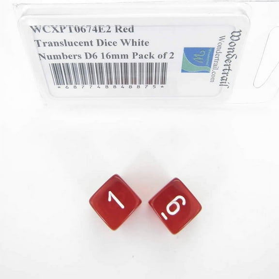 Red Translucent Dice with White Numbers D6 Aprox 16mm (5/8in) Pack of 2 Wondertrail