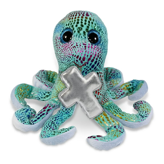 DolliBu Iridescent Rainbow Octopus Stuffed Animal with Silver Cross Plush - Religious Baptism Gifts for Boys and Girls, Dedication Christening Gifts Plush Prayer Toy Healing Stuffed Animal - 9 Inches