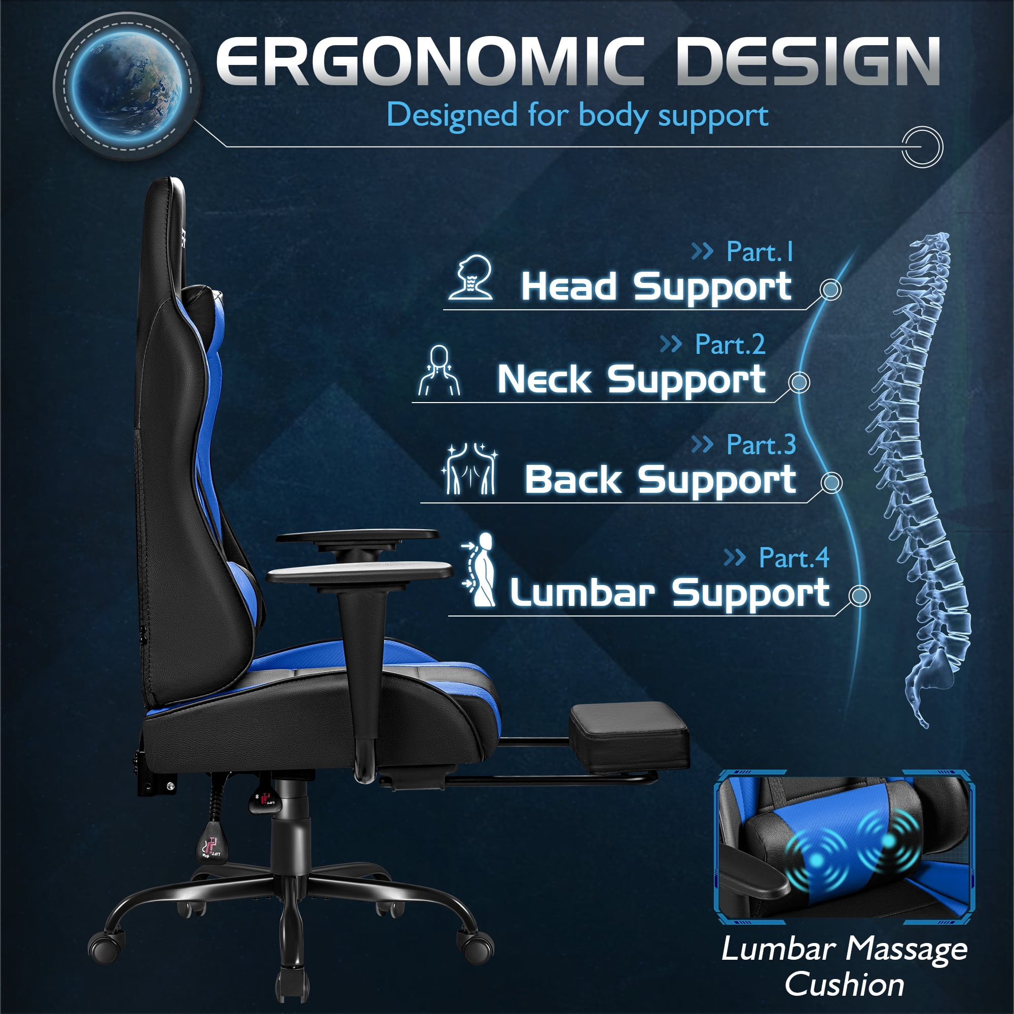 Homall Gaming Chair Massage Office Chair High Back PU Leather Chair with Footrest, Blue