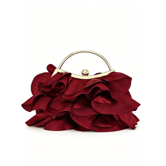 Women's Elegant Ruffle Evening Clutch Bag with Metal Handle, Floral Inspired Handbag for Wedding Party Prom