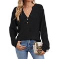 thumbnail image 2 of Camisa Henley de Larga para Mujer, Cuello en V, Suéteres Casuales Elegantes, Ropa de Moda para Otoño. Negro S, 2 of 10
