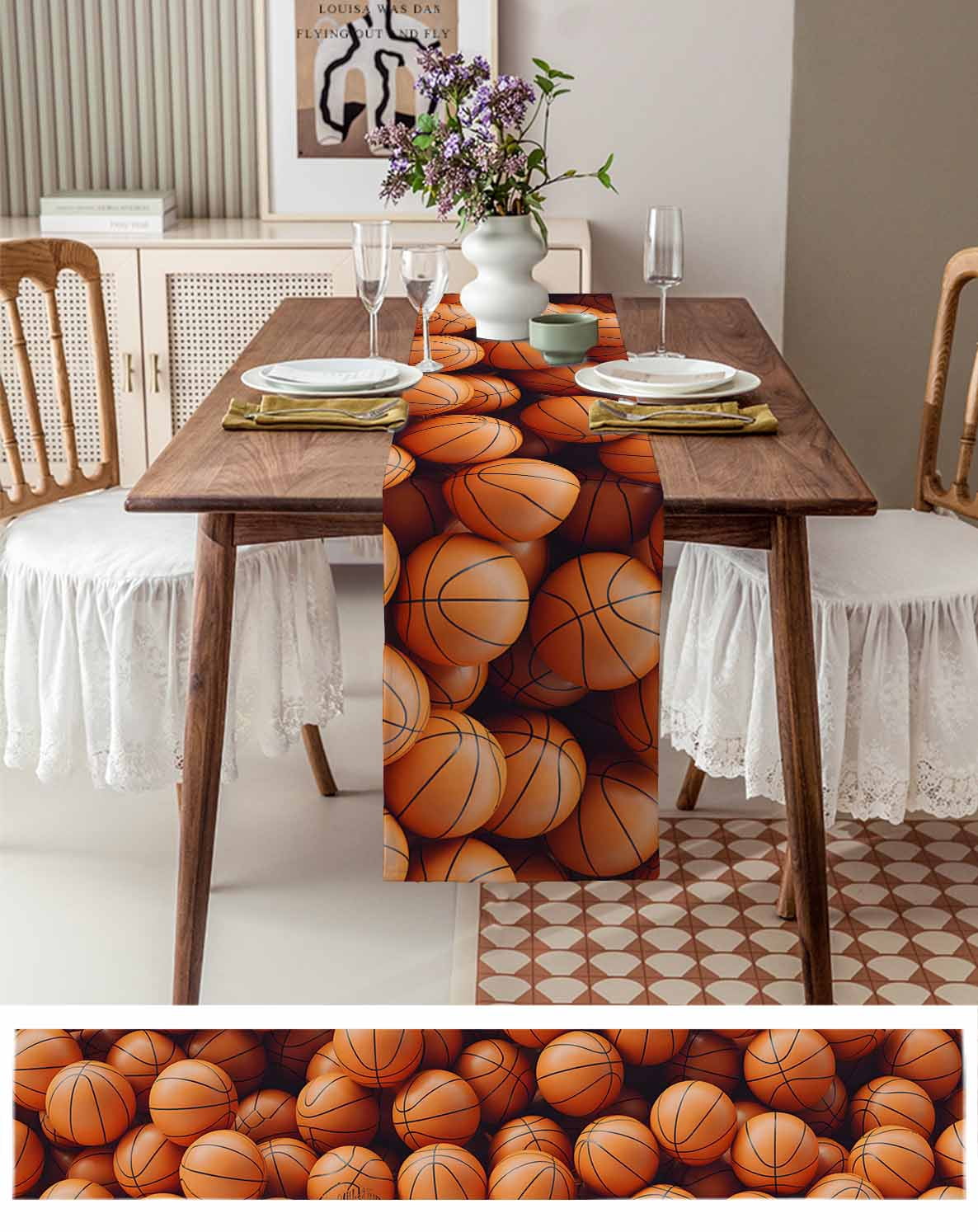 nqOlkjepod Basketball Table Runner 90 Inches Long Farmhouse Dress Scarves, Sports Brown Basketball Dining Tablerunner for Coffee Table/Kitchen Island/Party Décor, 13" x 90"