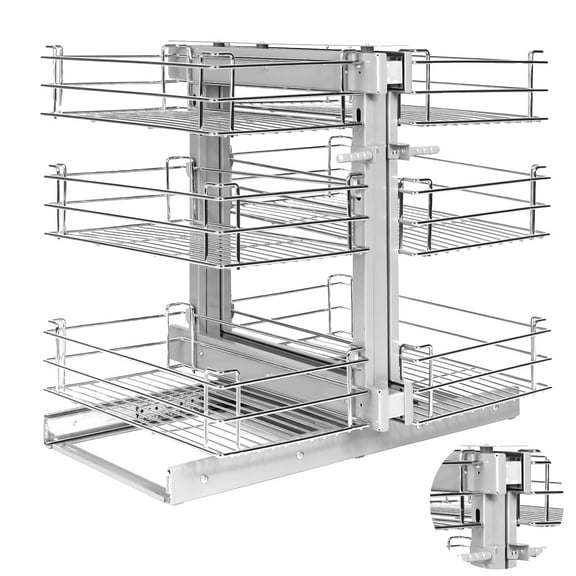3-Tier Chrome Pull-Out Shelf Organizer 3-for Blind Corner Kitchen Cabinets-Soft-Close, Adjustable up to 48"-Ideal for Dishes & Utensils Storage