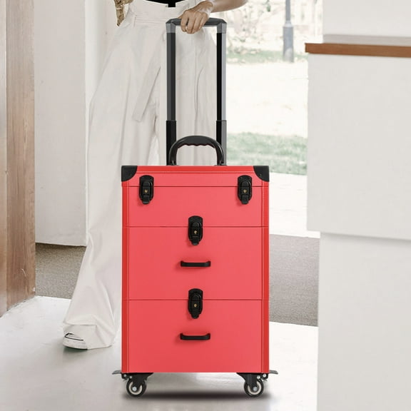 Rolling Makeup Train Case with 4 Wheels, Cosmetic Nail Polish Organizer with Drawer & Lock for Manicurists, Rose Red