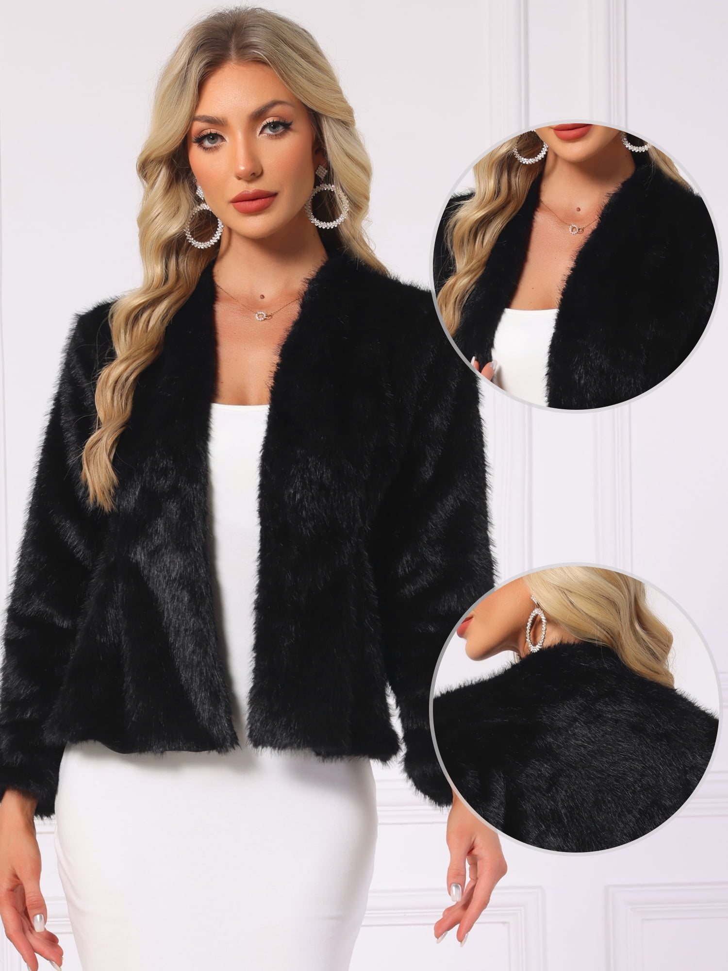 DARING DIVA Women's Faux Fur Long Sleeve Open Front Overcoat Fluffy Jacket S Black