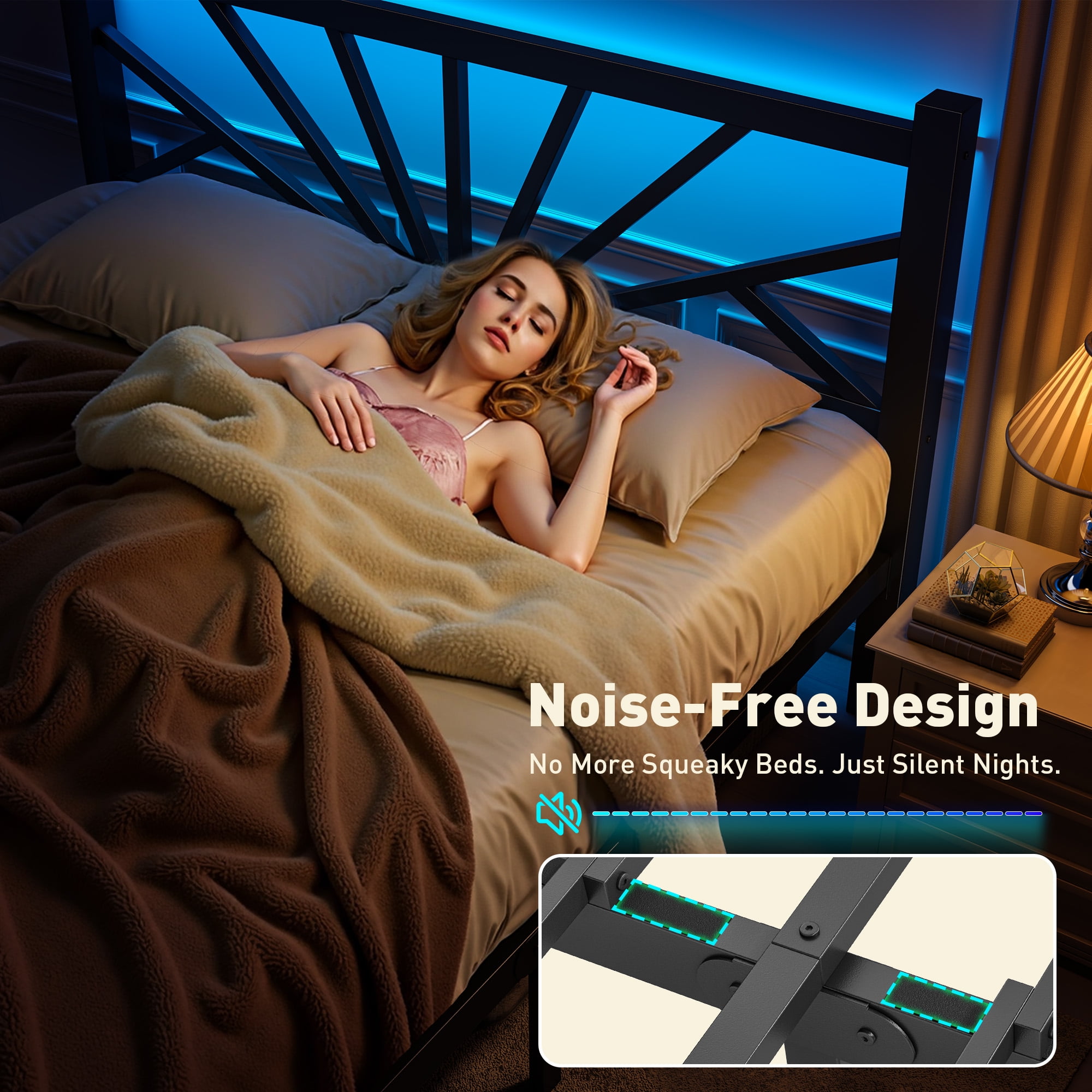 EnHomee Queen Size Metal Bed Frame with Headboard Metal Platform Bed Frame with LED Lights Bed Frame Queen with Storage Underbed, Noise Free, No Box Spring, Black