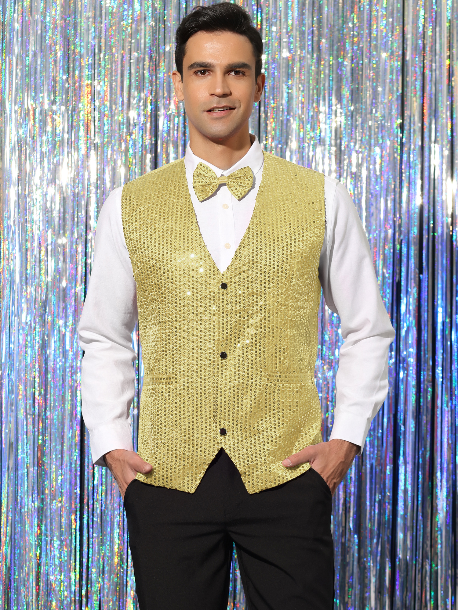 Gilet à Paillettes Homme – 3 Boutons, Col En V – Pour Soirée, Mariage, Fête – Avec Ou Sans Nœud Papillon
