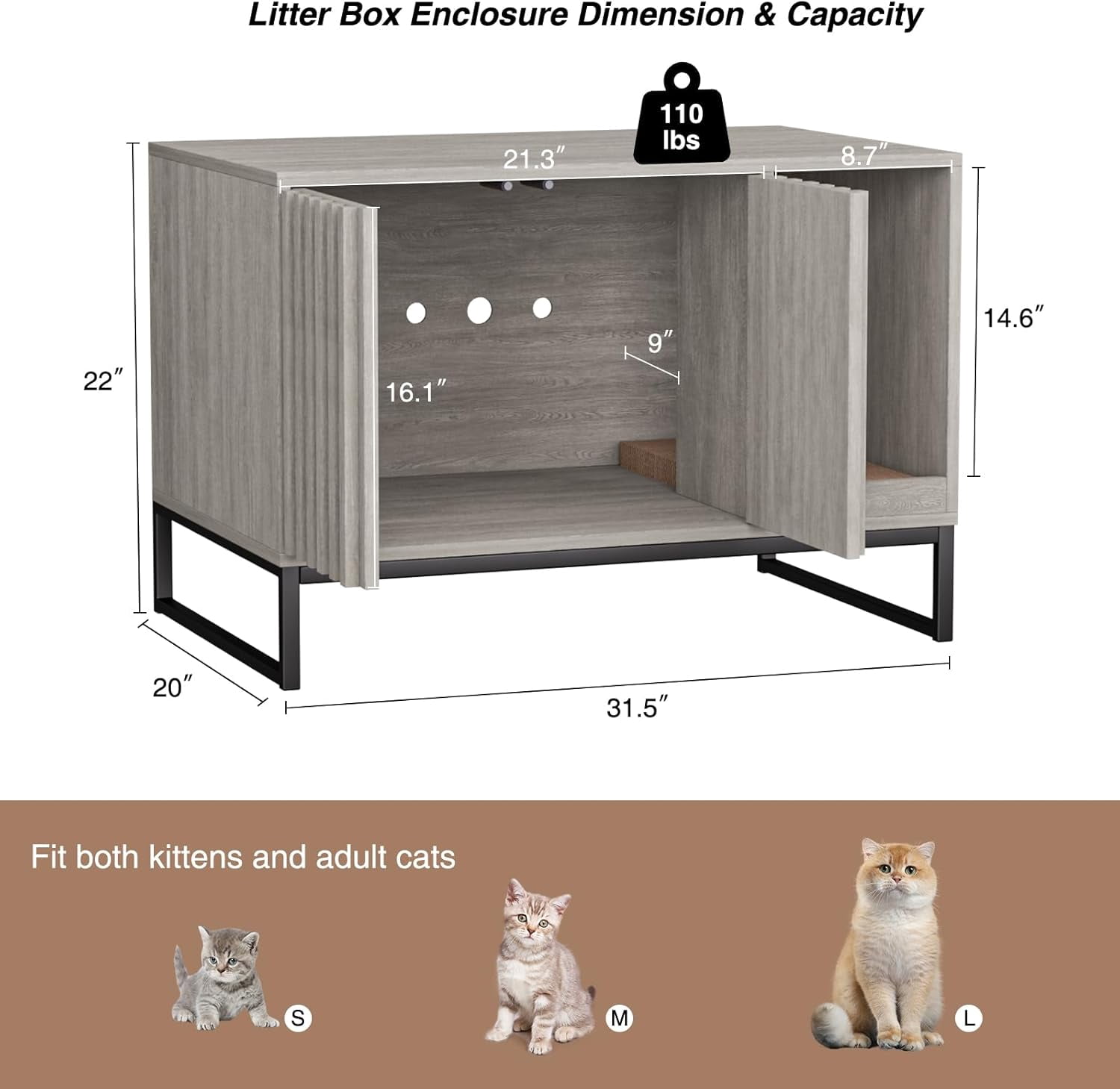 Vabches Hidden Cat Litter Box Enclosure Furniture, Multi-Functional Cat Washroom Bench with Cat Scratching Pad and Fluted Doors
