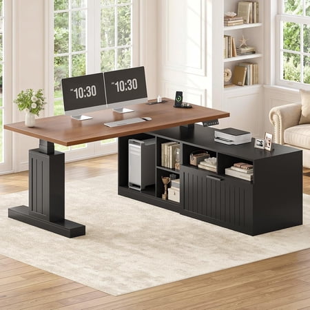 L Shaped Executive Electric Standing Desk with Power Outlet 55.1 X 54.3 Height Adjustable Office Desk with Drawer File Cabinet & Storage Shelves Farmhouse Sit Stand Computer Desk Black