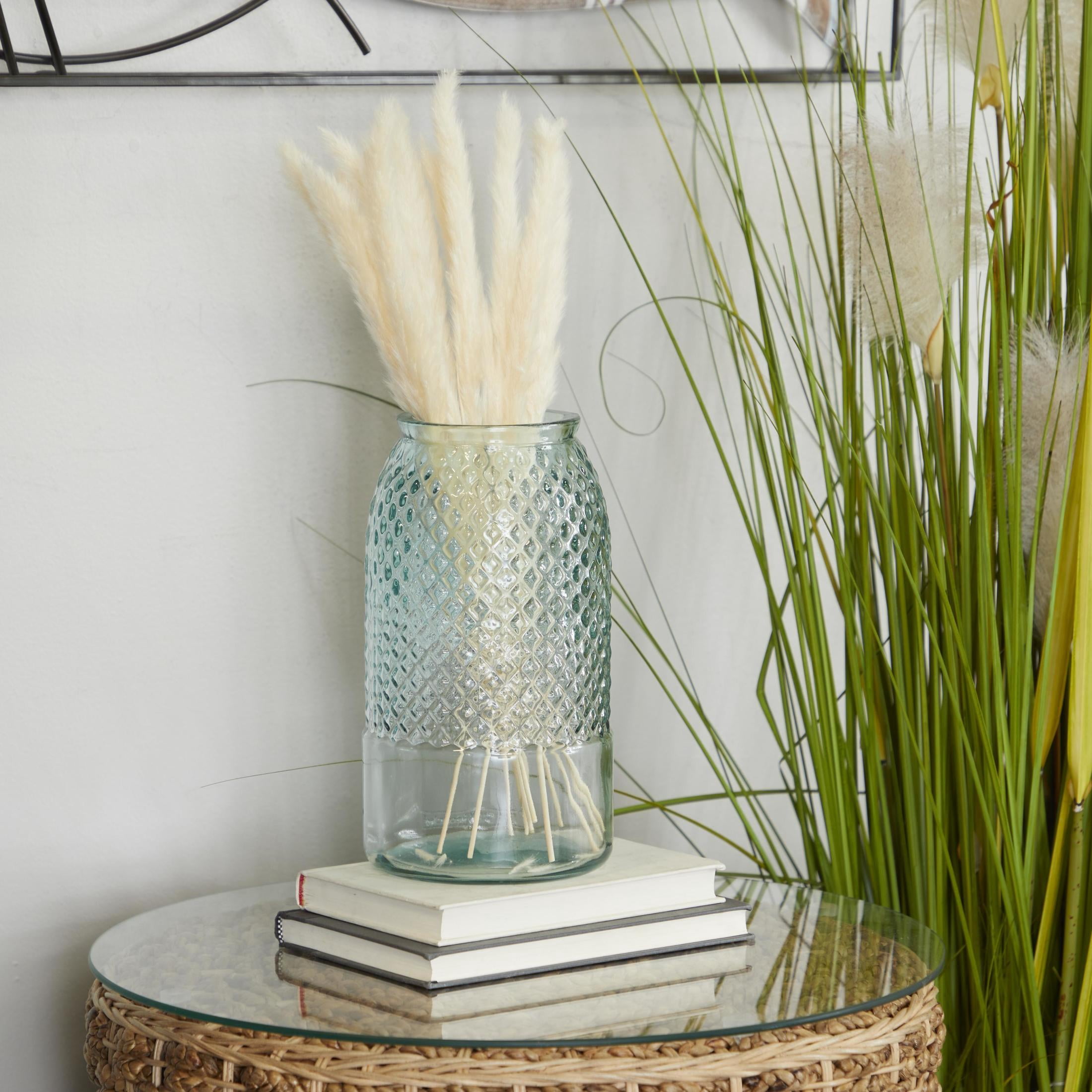DecMode Teal Recycled Glass Handmade Slim Spanish Decorative Vase with Textured Diamond Pattern, 6" x 6" x 11"