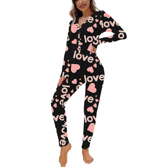 XIAOCHA Womens Heart Love Print Onesie Pajamas Button Front Long Sleeve Stretchy Breathable Casual Nightwear