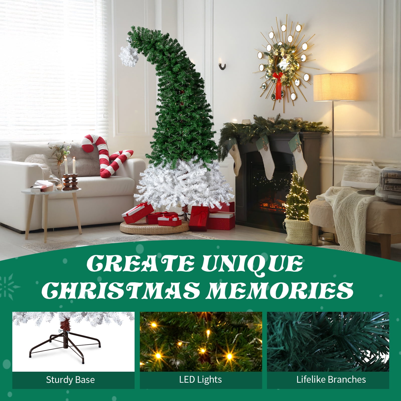 Astoutdoor 6 ft Santa Hat Style Pre-lit Christmas Tree, Hinged Artificial Pine Tree with 250 Warm White Lights, 839 Branch Tips, Green and White